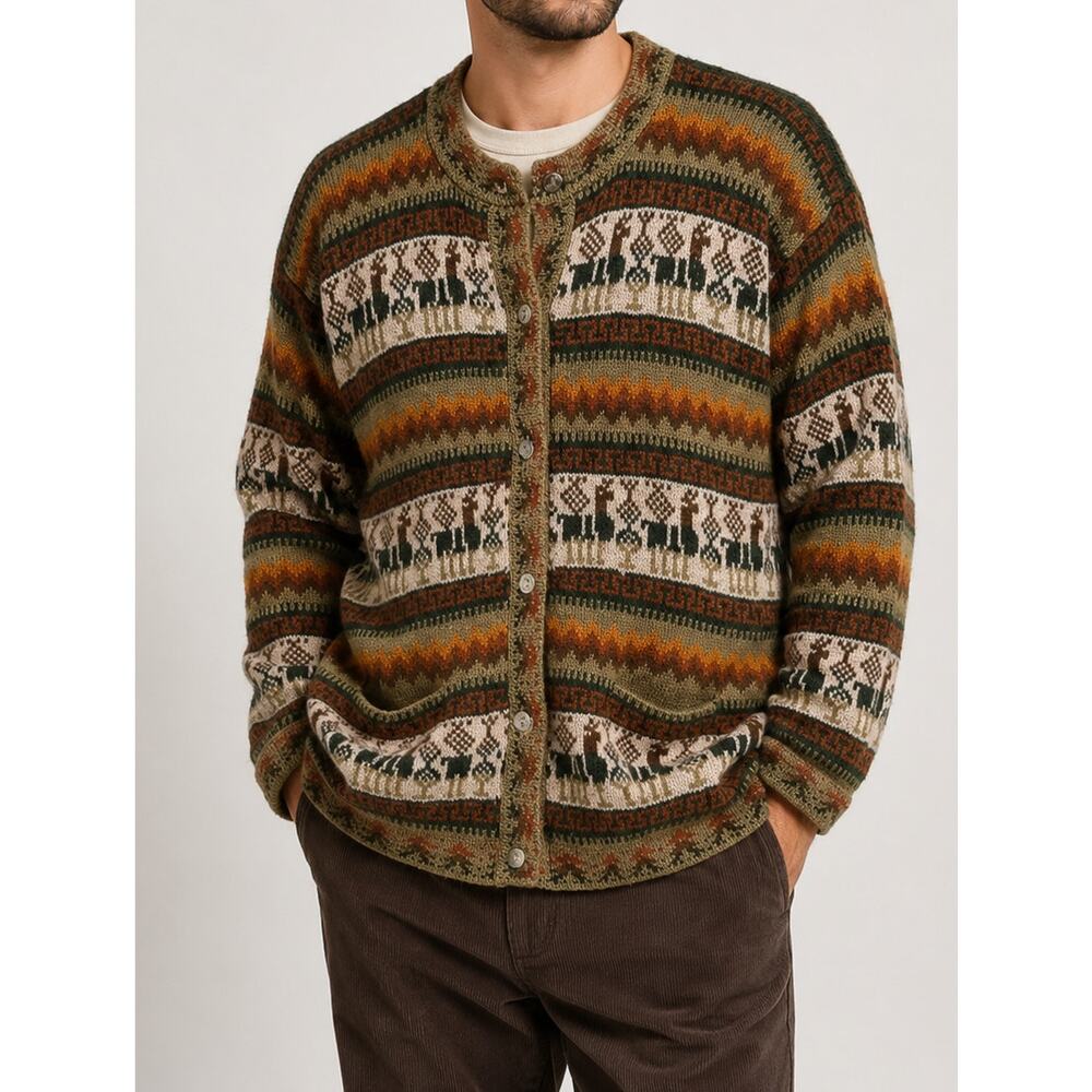 Vintage Mens 100% Alpaca Andean Peru Llama Cardigan Fair Isle Crew Neck Sweater - Picture 2 of 8